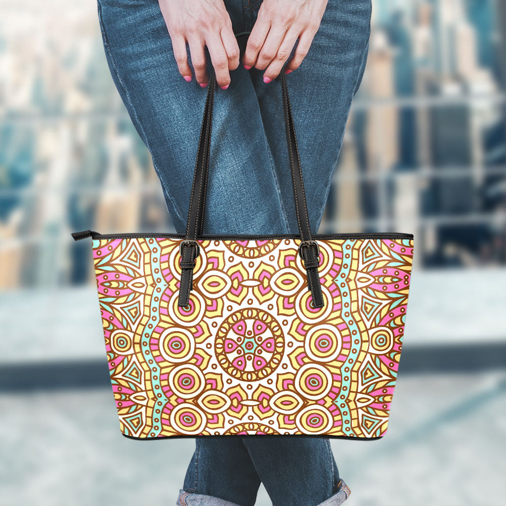 Pastel Ethnic Mandala Print Leather Tote Bag