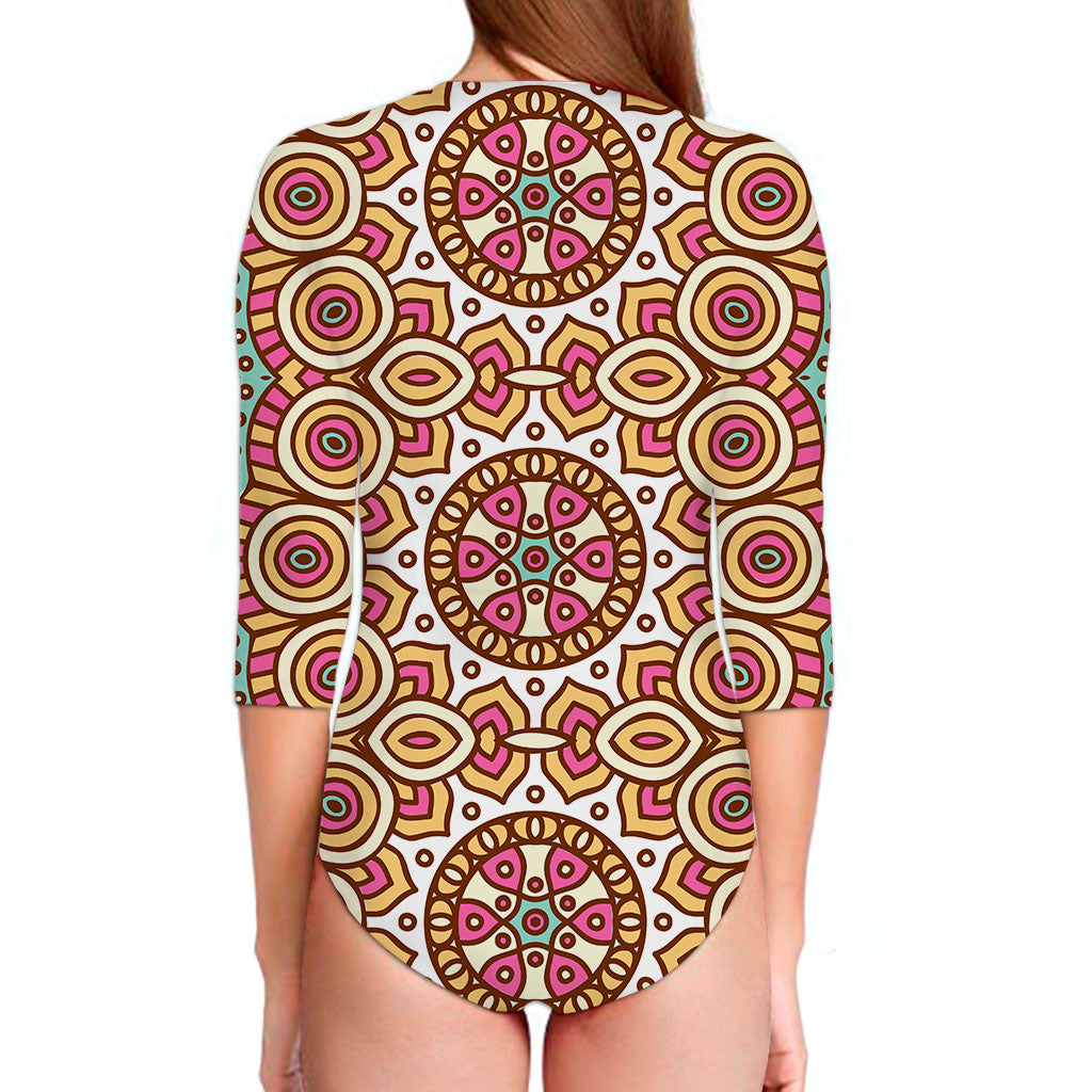 Pastel Ethnic Mandala Print Long Sleeve Swimsuit