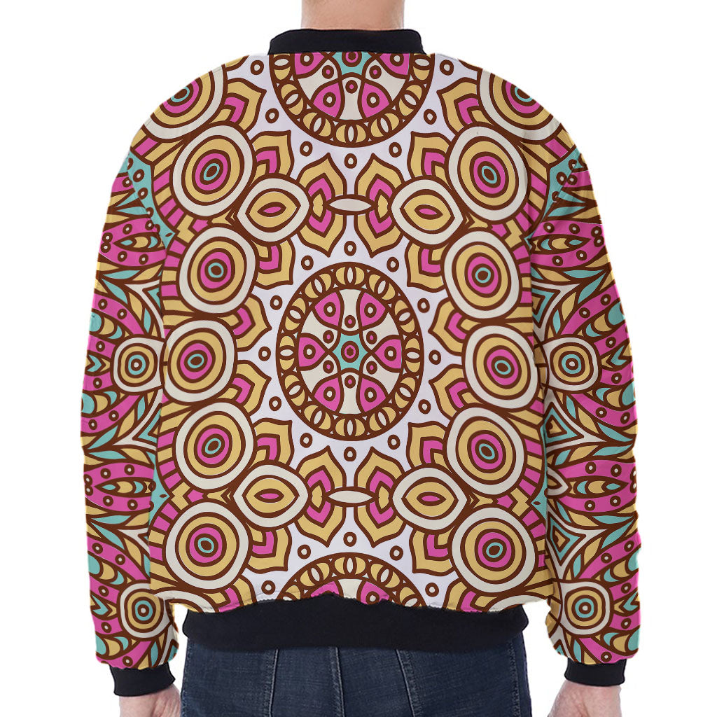 Pastel Ethnic Mandala Print Zip Sleeve Bomber Jacket