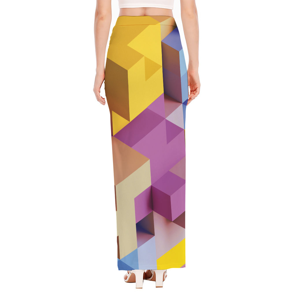 Pastel Geometric Cubic Print High Slit Maxi Skirt