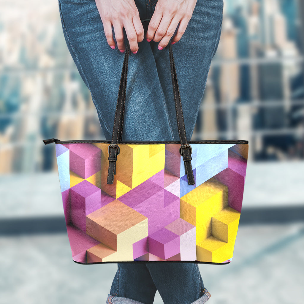 Pastel Geometric Cubic Print Leather Tote Bag