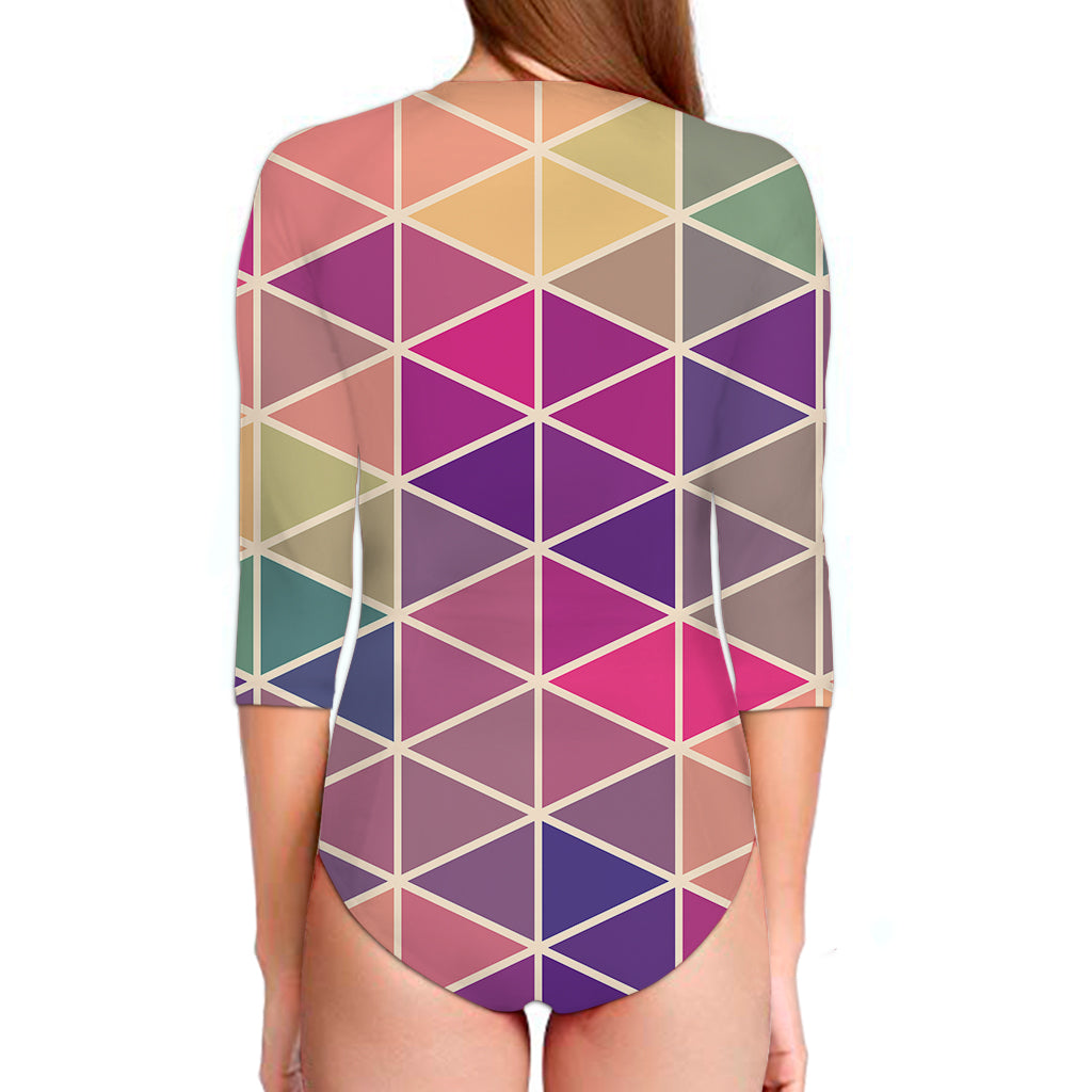 Pastel Geometric Shape Pattern Print Long Sleeve Swimsuit