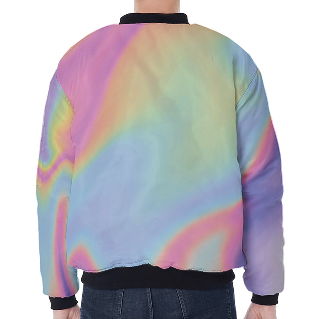 Pastel Holographic Print Zip Sleeve Bomber Jacket
