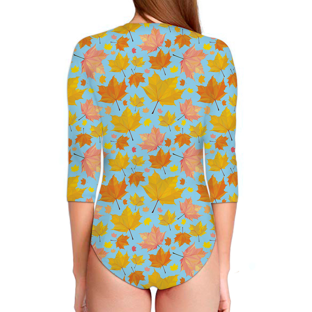 Pastel Maple Leaves Pattern Print Long Sleeve Swimsuit