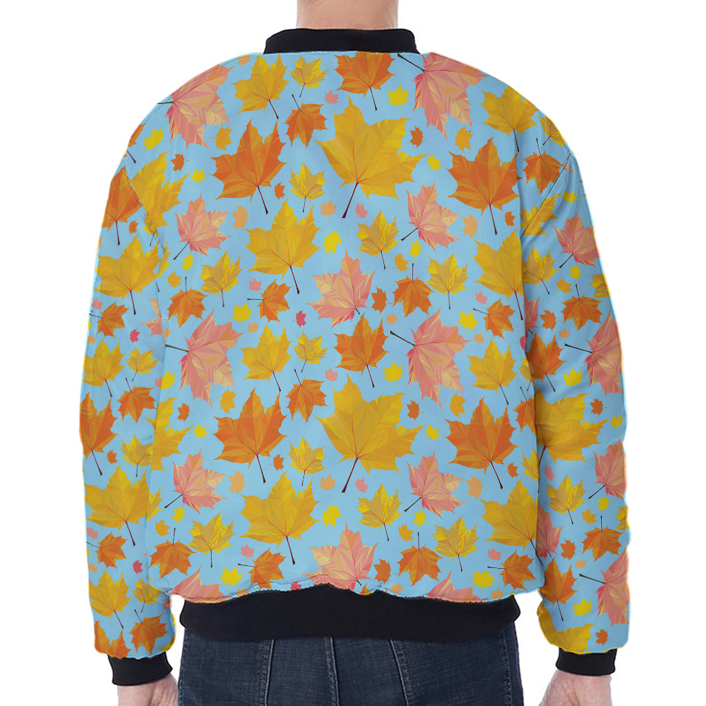 Pastel Maple Leaves Pattern Print Zip Sleeve Bomber Jacket