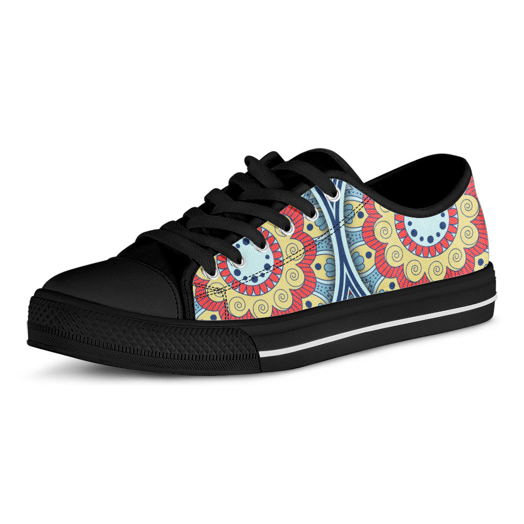 Pastel Ornament Mandala Print Black Low Top Sneakers