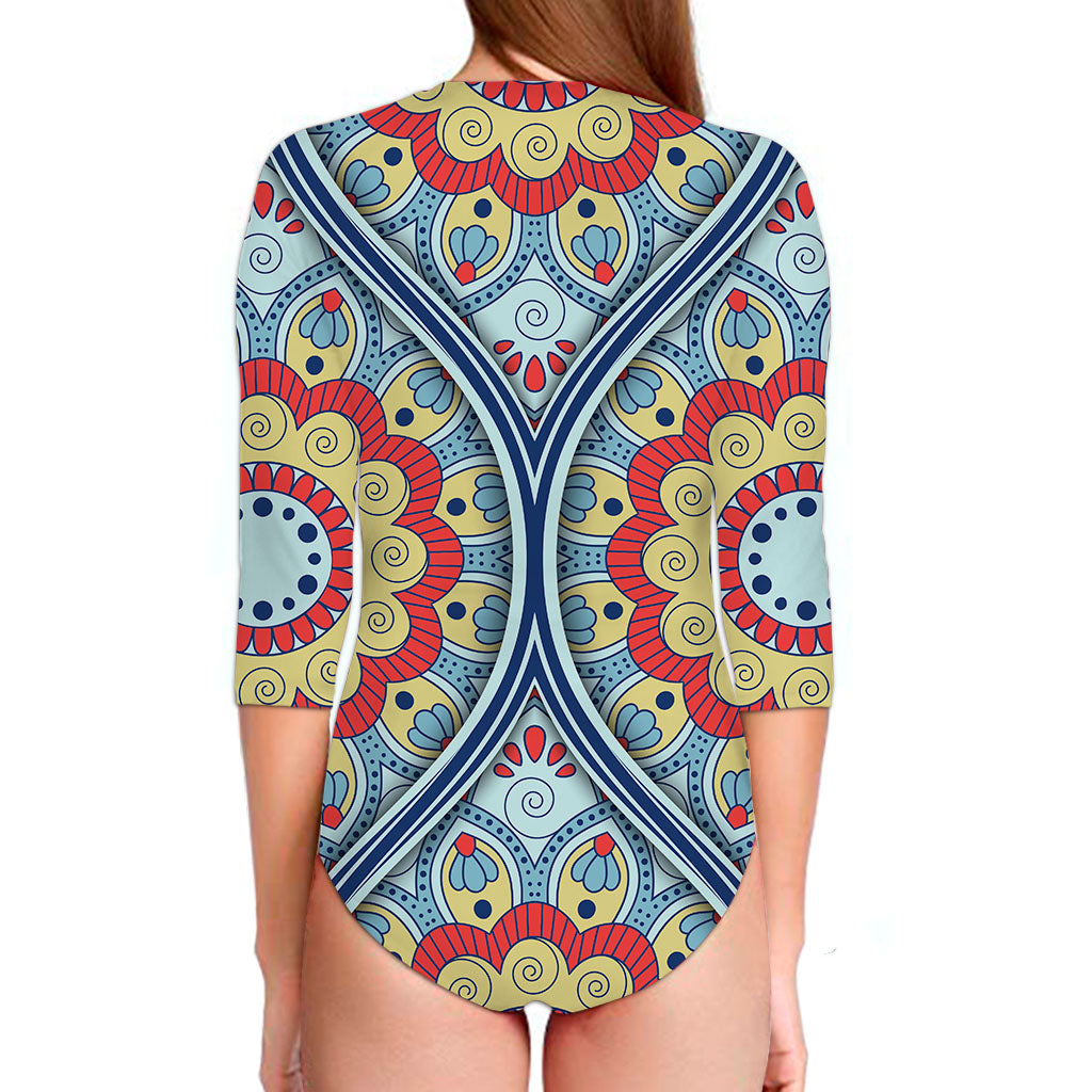 Pastel Ornament Mandala Print Long Sleeve Swimsuit