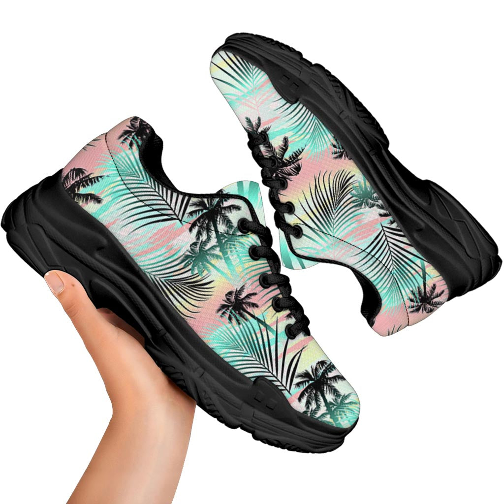 Pastel Palm Tree Pattern Print Black Chunky Shoes
