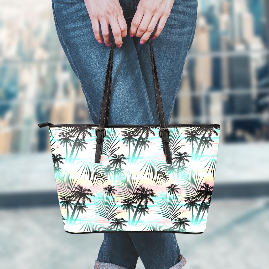 Pastel Palm Tree Pattern Print Leather Tote Bag