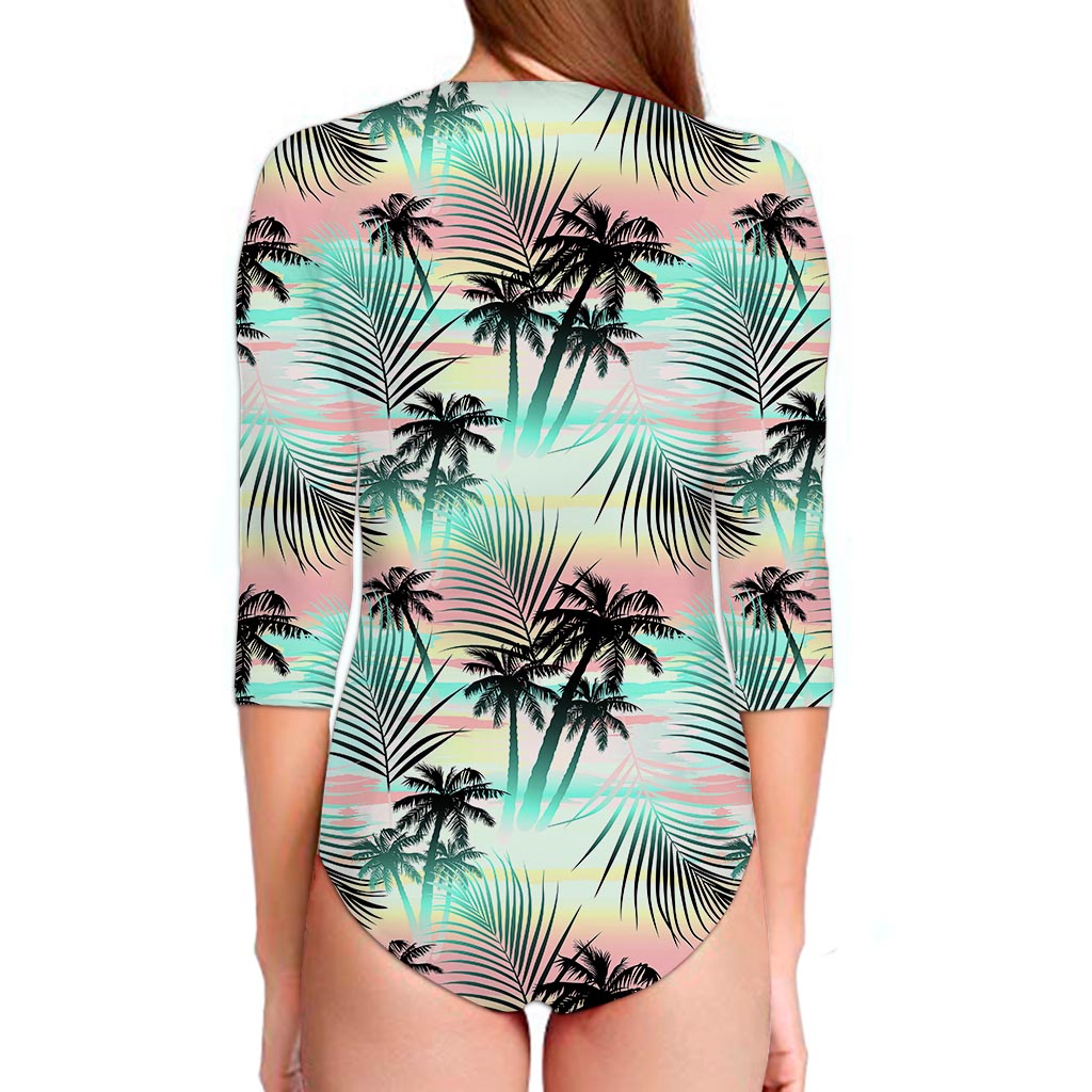 Pastel Palm Tree Pattern Print Long Sleeve Swimsuit