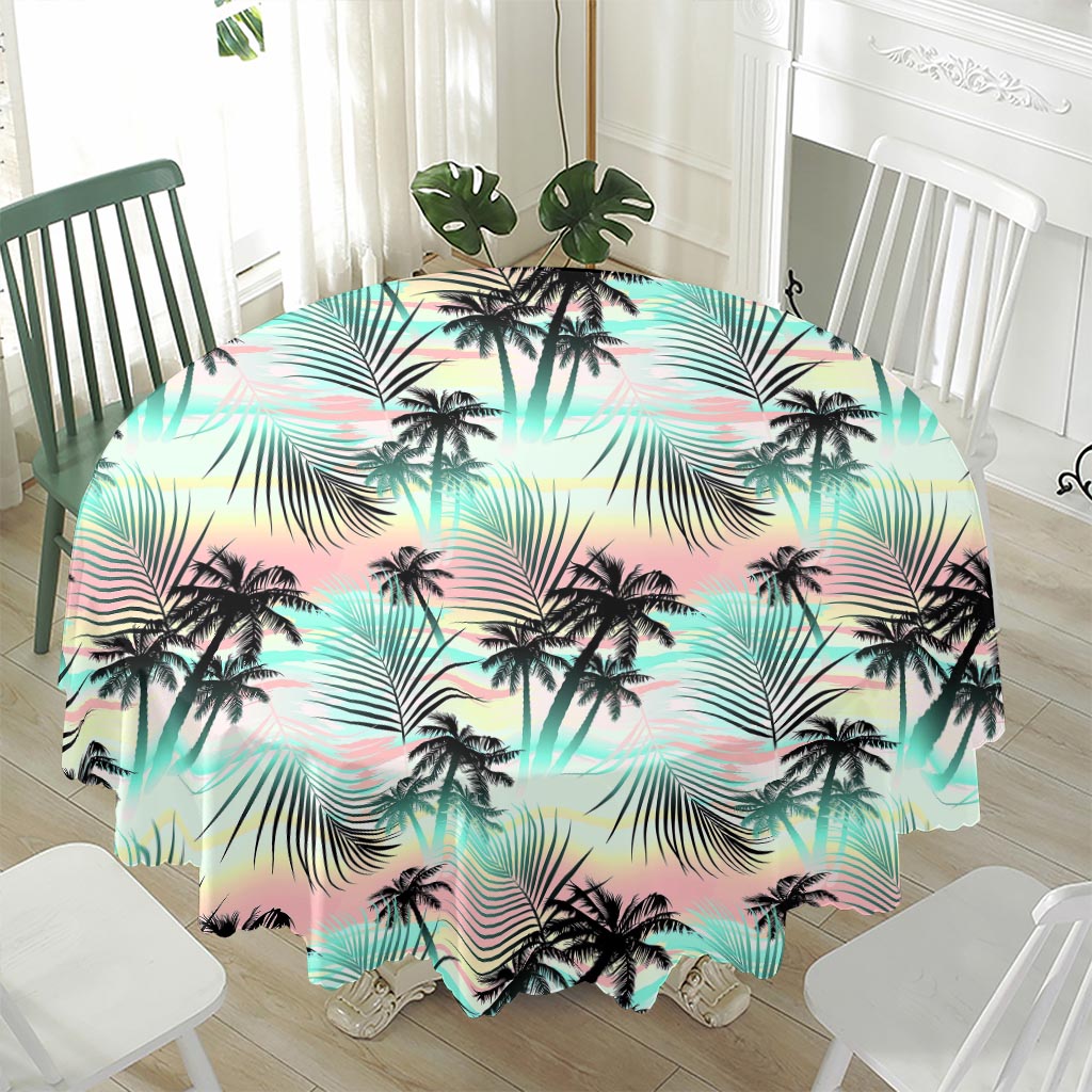 Pastel Palm Tree Pattern Print Waterproof Round Tablecloth