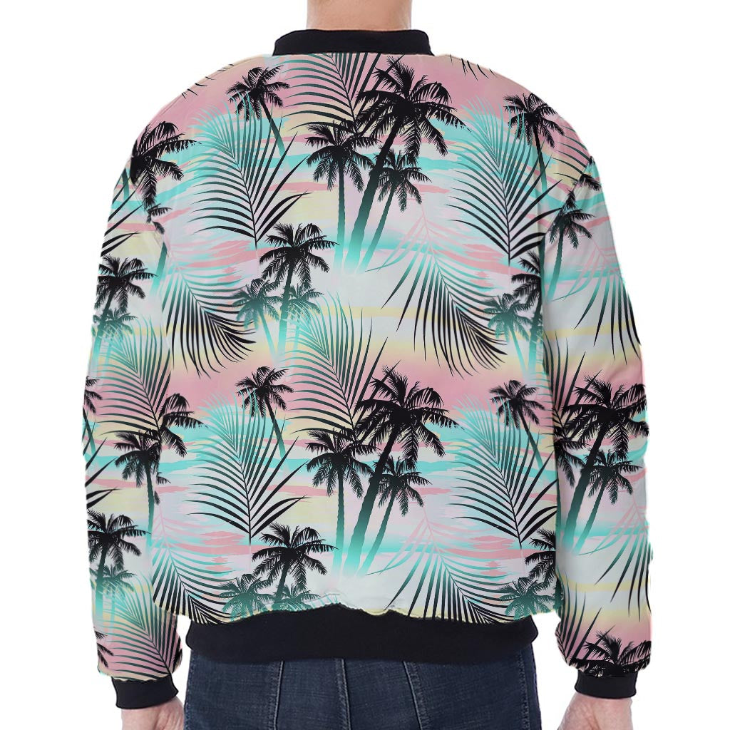 Pastel Palm Tree Pattern Print Zip Sleeve Bomber Jacket