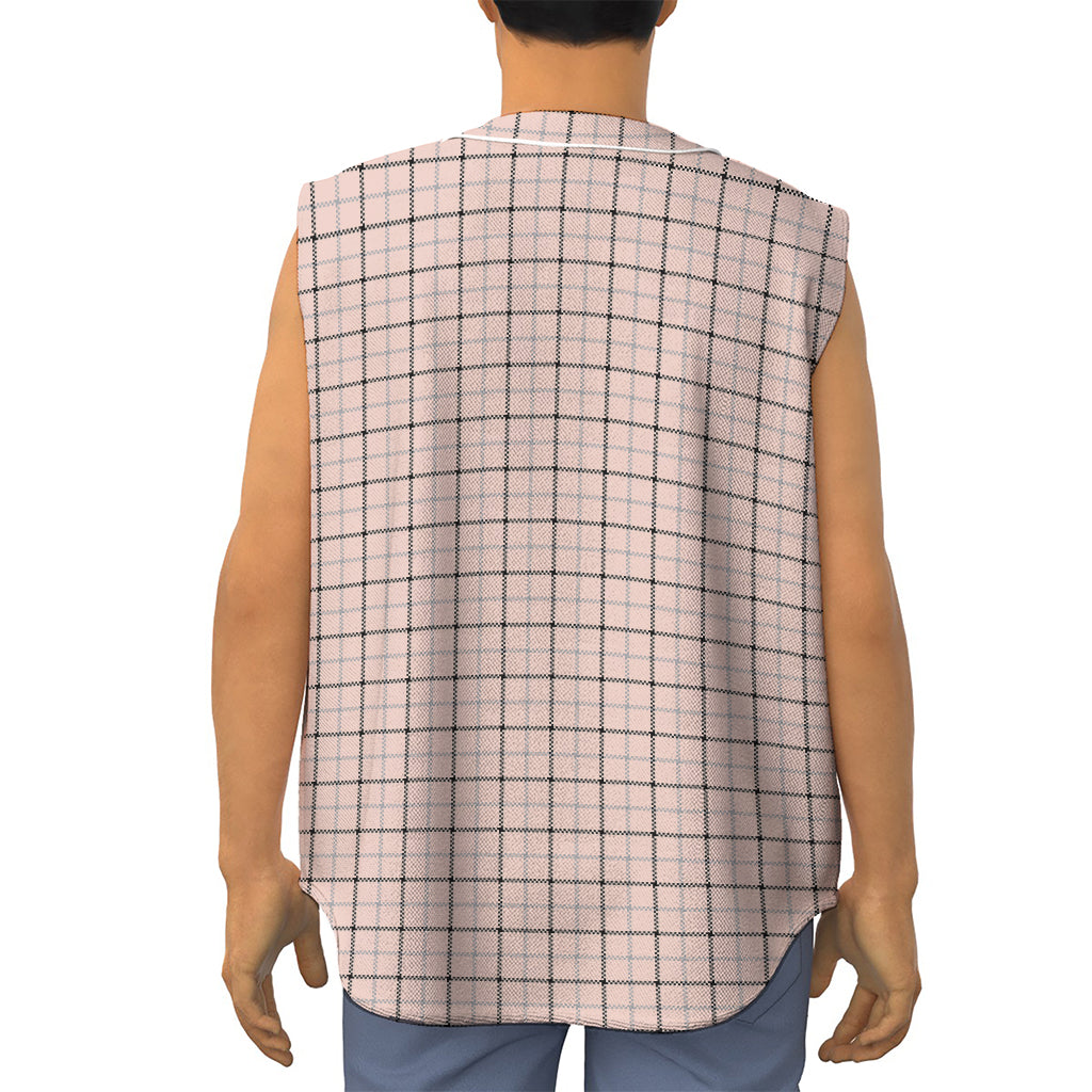 Pastel Pink And Black Tattersall Print Sleeveless Baseball Jersey