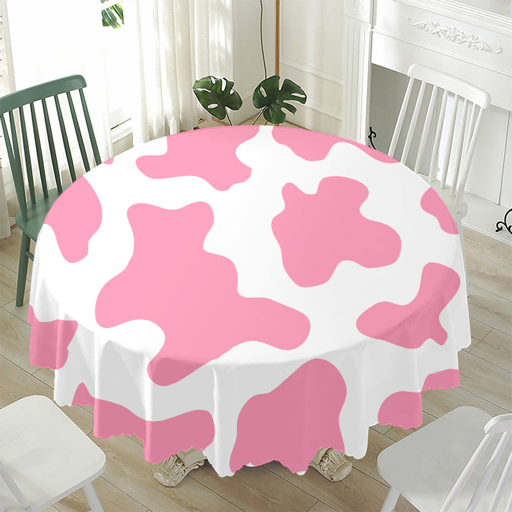 Pastel Pink And White Cow Print Waterproof Round Tablecloth
