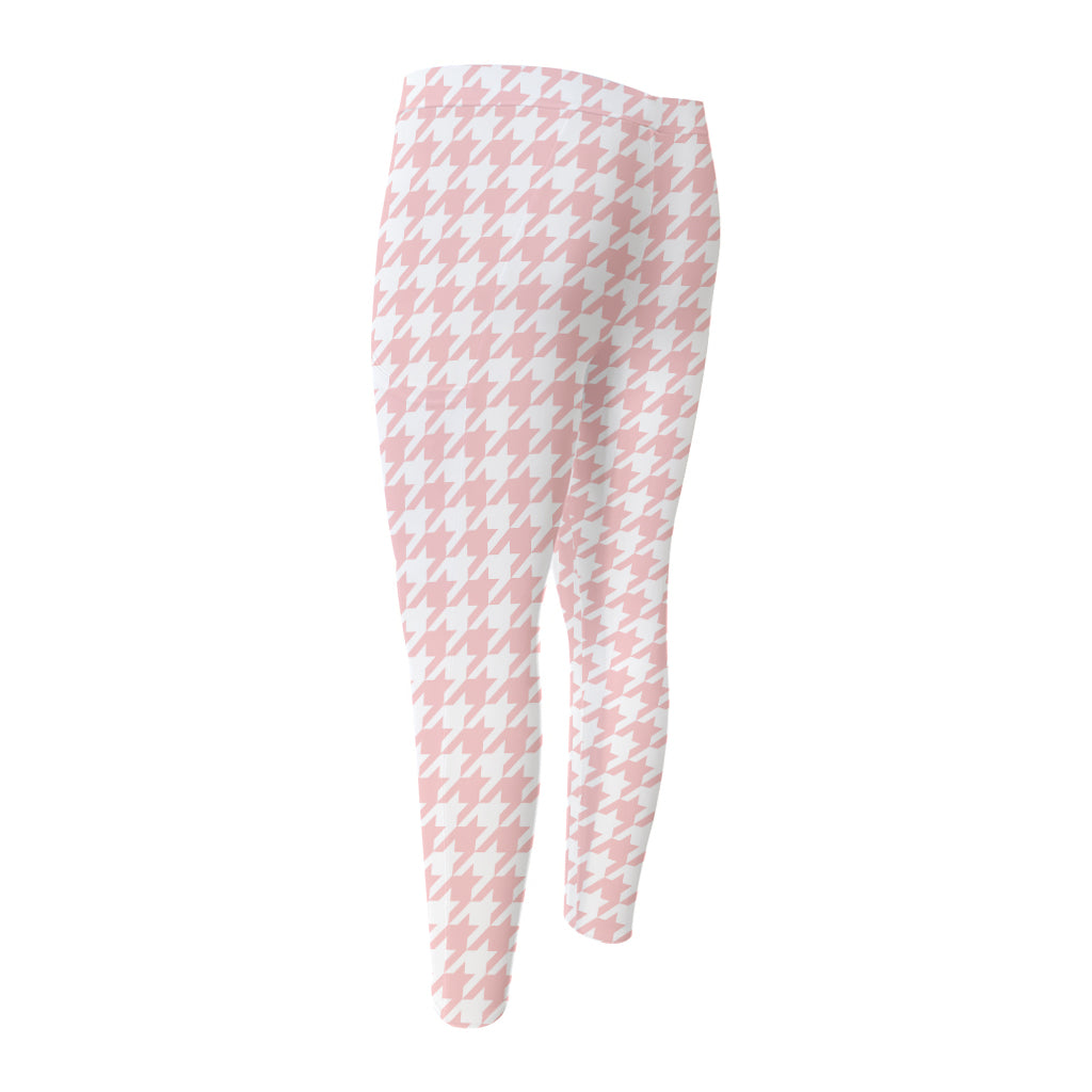 Pastel Pink And White Houndstooth Print Men's Compression Pants