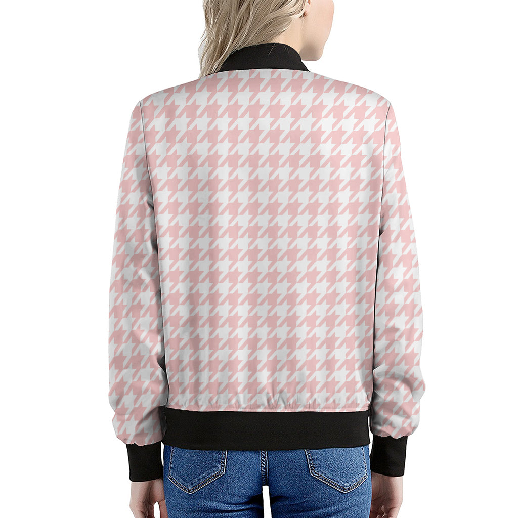 Pastel Pink And White Houndstooth Print Women's Bomber Jacket