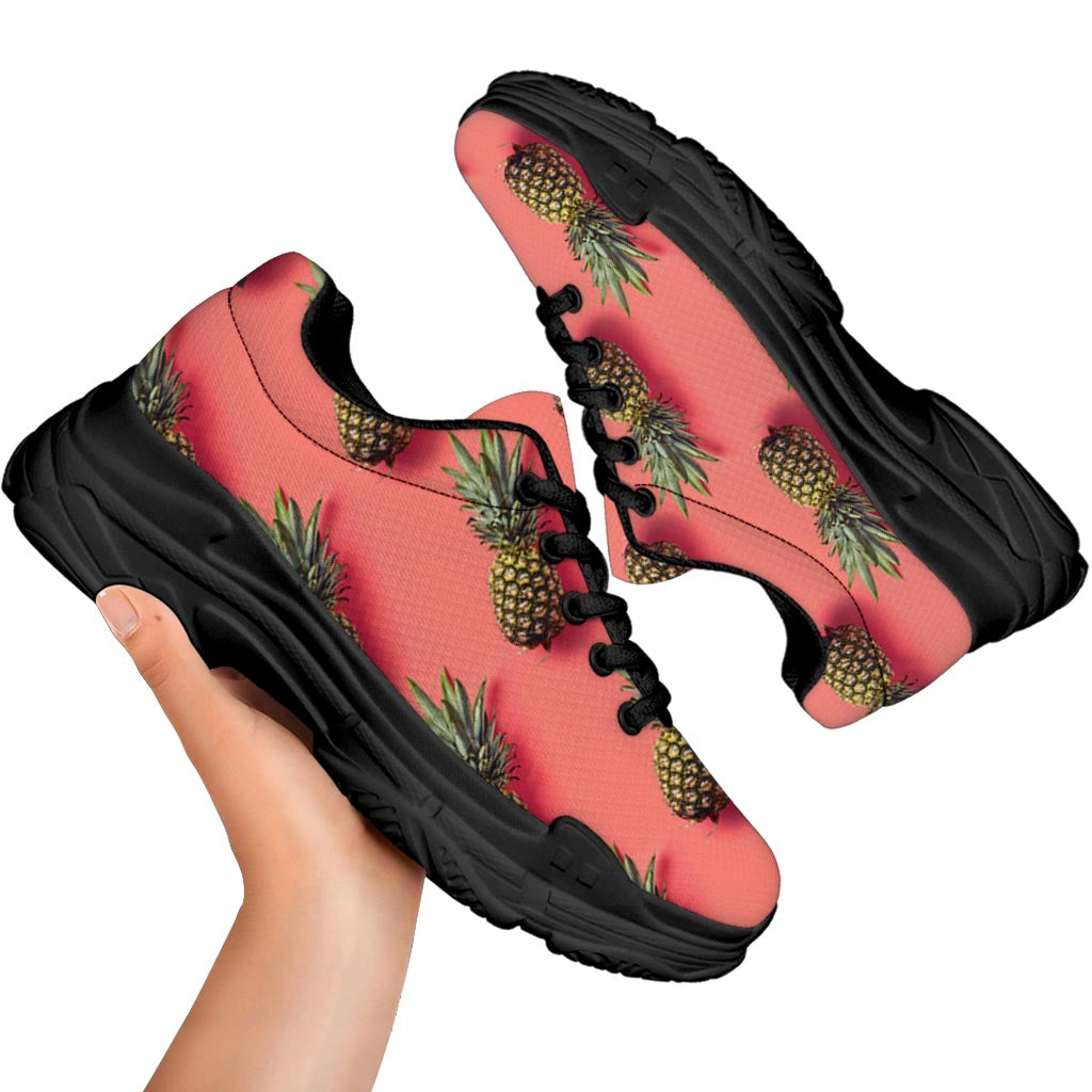 Pastel Pink Pineapple Pattern Print Black Chunky Shoes