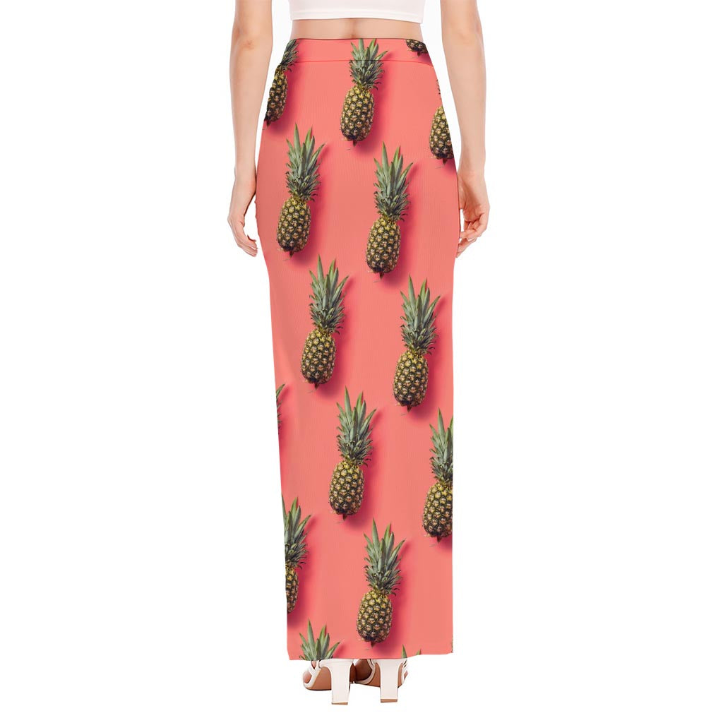 Pastel Pink Pineapple Pattern Print High Slit Maxi Skirt