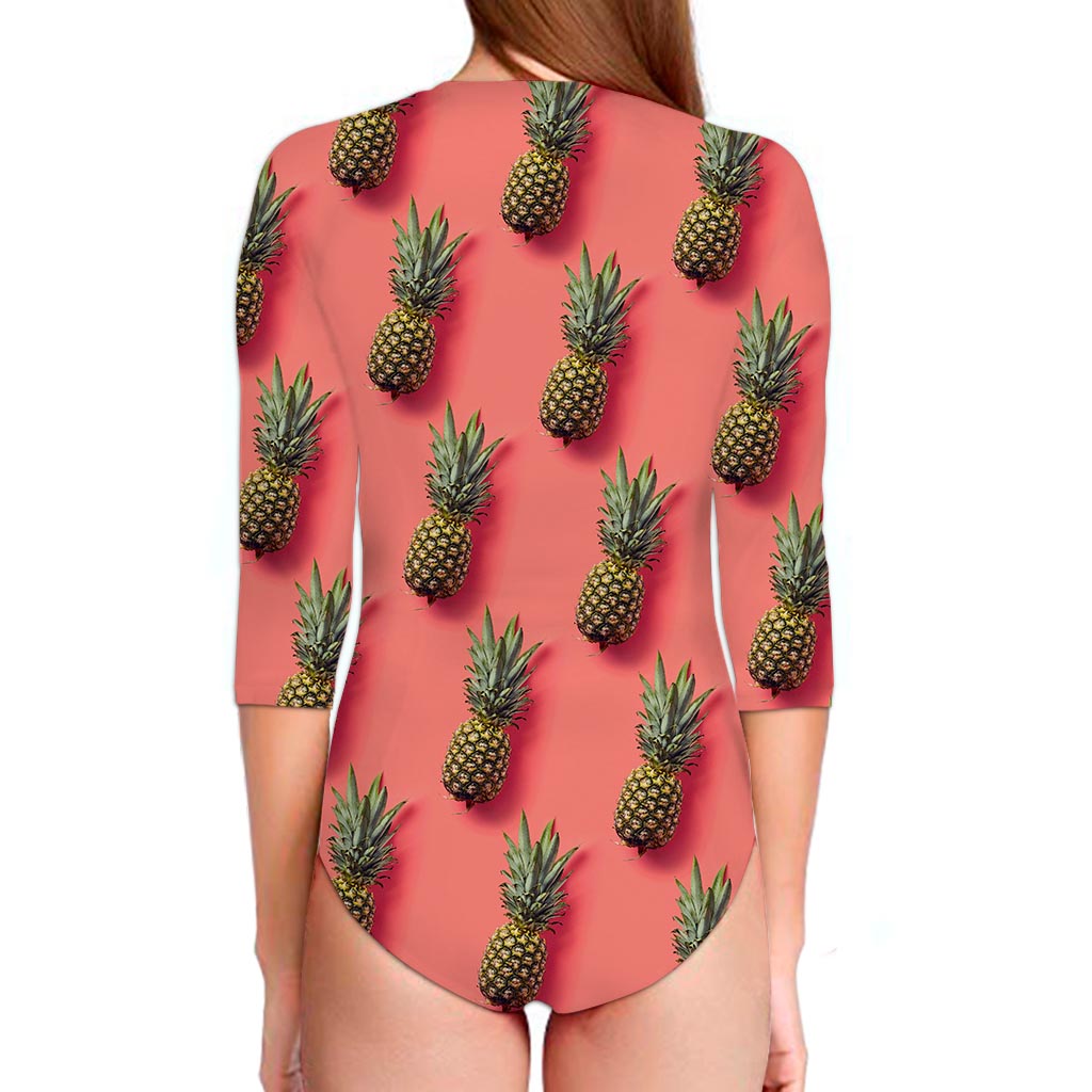 Pastel Pink Pineapple Pattern Print Long Sleeve Swimsuit