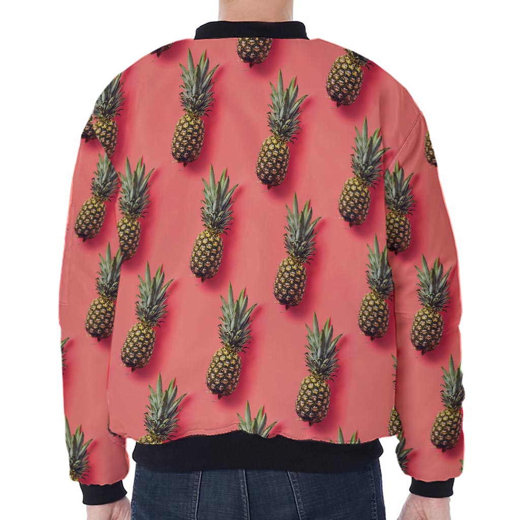 Pastel Pink Pineapple Pattern Print Zip Sleeve Bomber Jacket