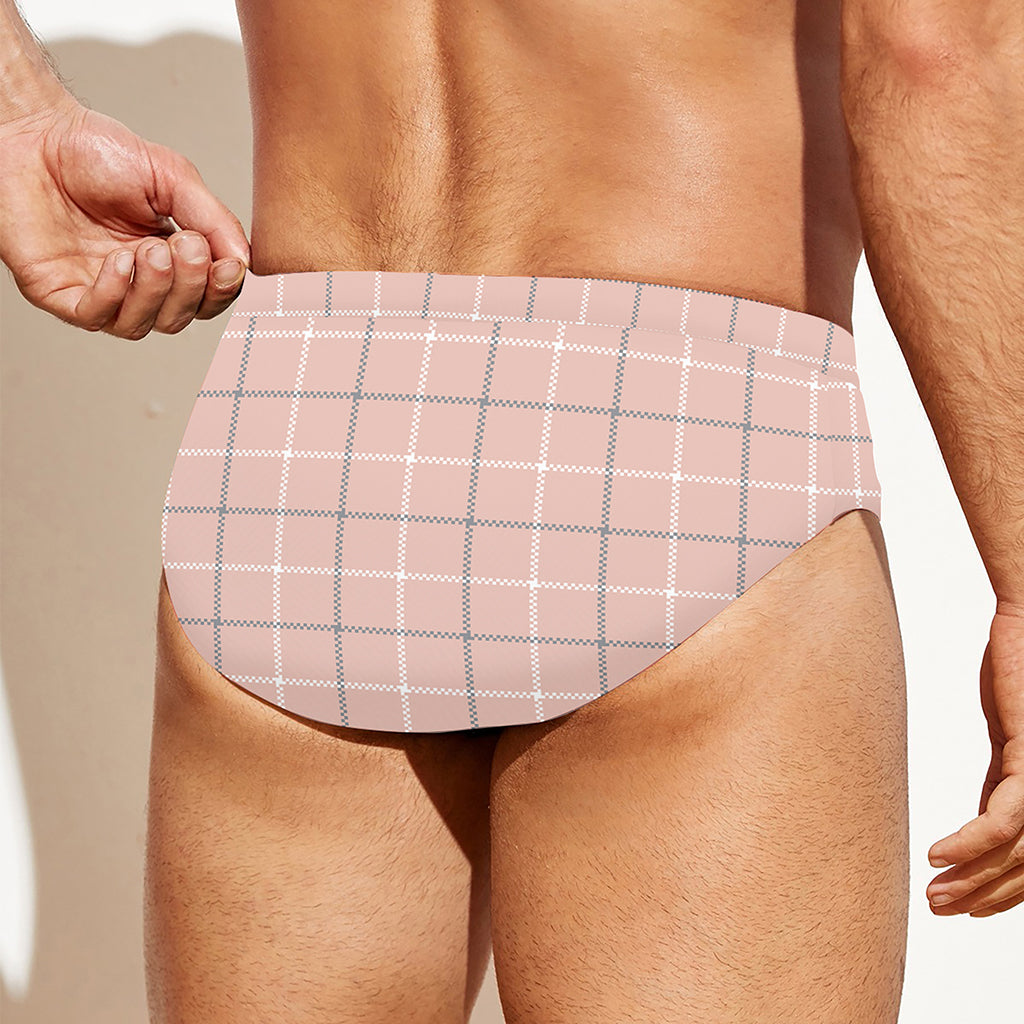 Pastel Pink Tattersall Pattern Print Men's Swim Briefs