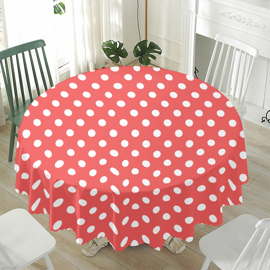 Pastel Red And White Polka Dot Print Waterproof Round Tablecloth