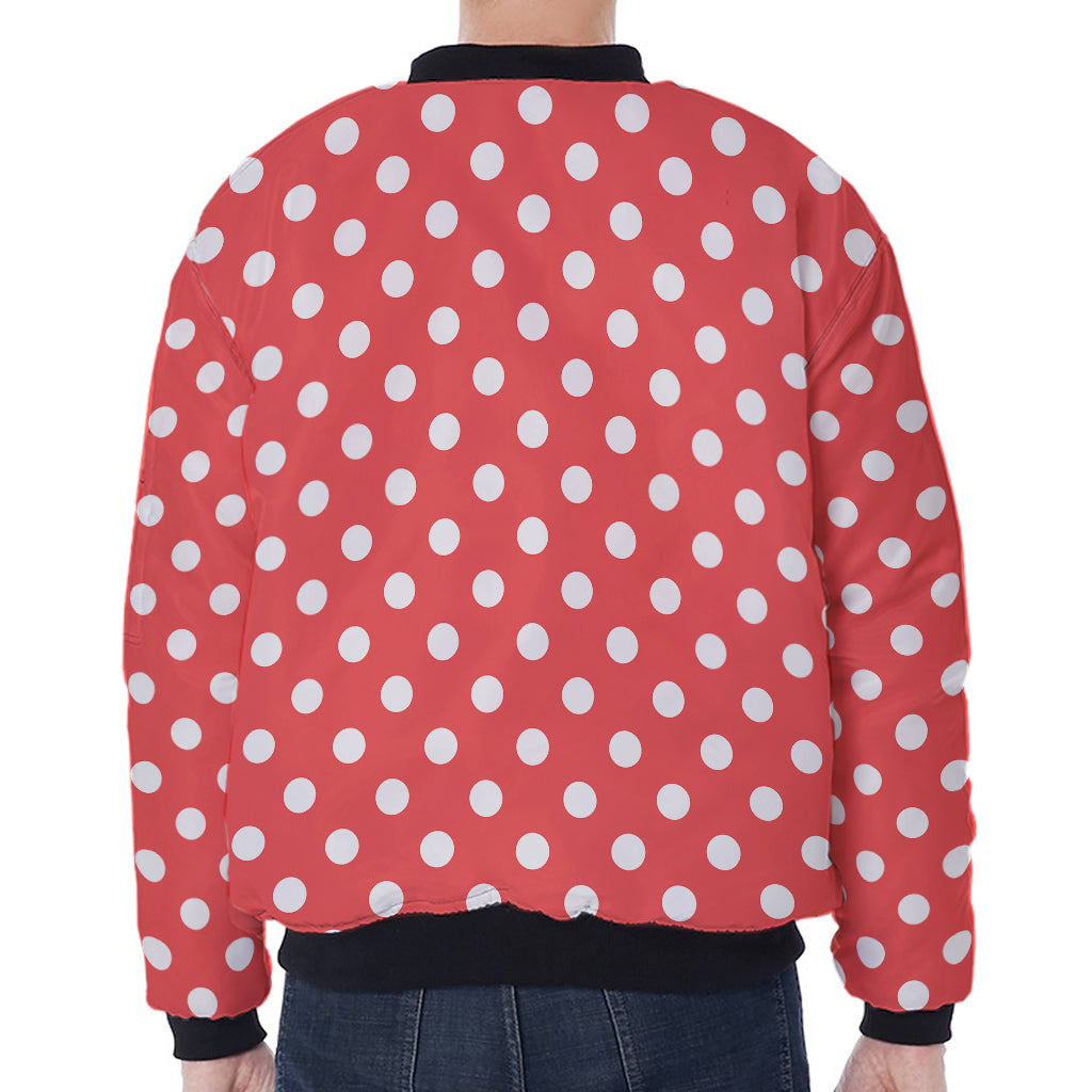 Pastel Red And White Polka Dot Print Zip Sleeve Bomber Jacket