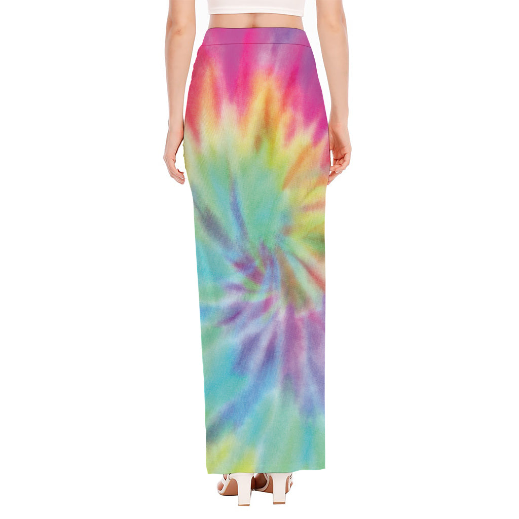 Pastel Spiral Tie Dye Print High Slit Maxi Skirt