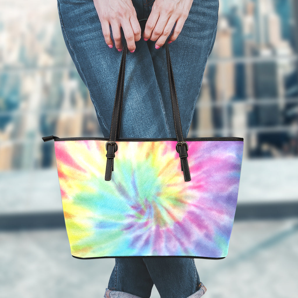 Pastel Spiral Tie Dye Print Leather Tote Bag