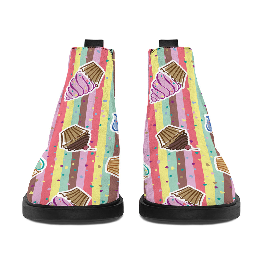 Pastel Striped Cupcake Pattern Print Flat Ankle Boots