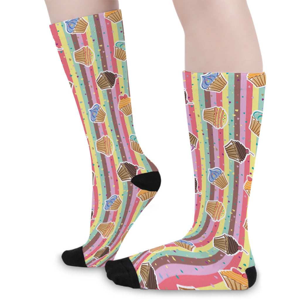 Pastel Striped Cupcake Pattern Print Long Socks