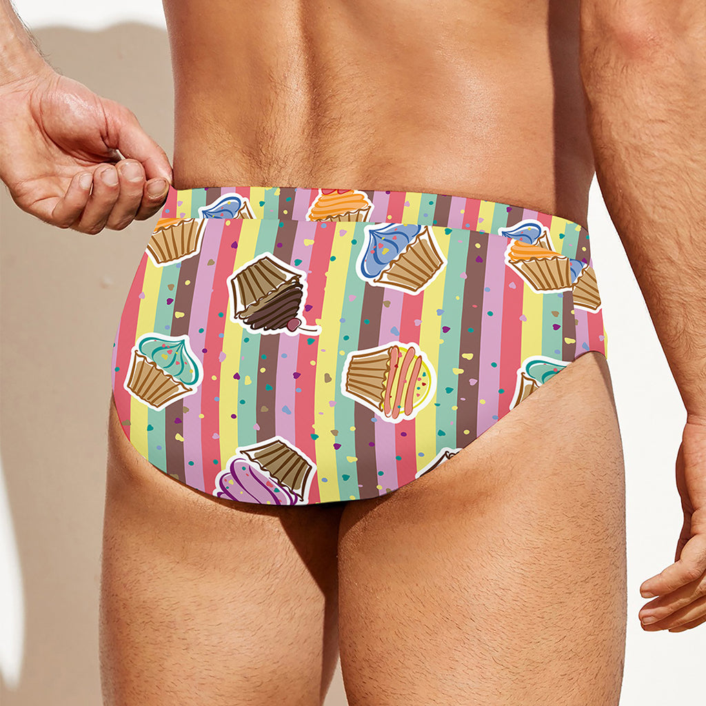 Pastel Striped Cupcake Pattern Print Men's Swim Briefs
