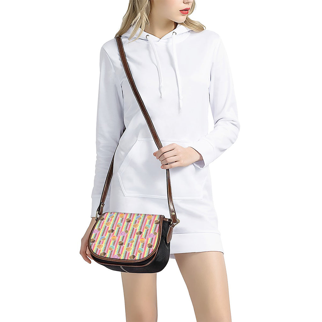 Pastel Striped Cupcake Pattern Print Saddle Bag