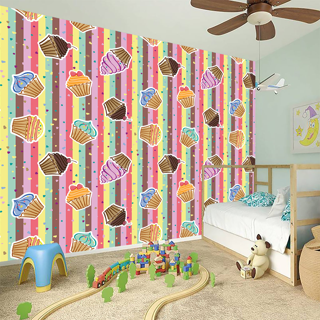 Pastel Striped Cupcake Pattern Print Wall Sticker