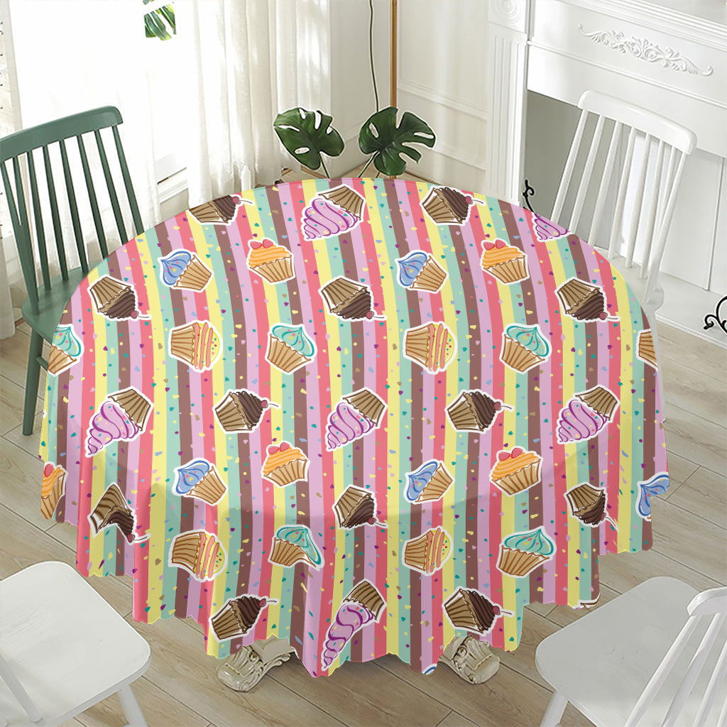 Pastel Striped Cupcake Pattern Print Waterproof Round Tablecloth