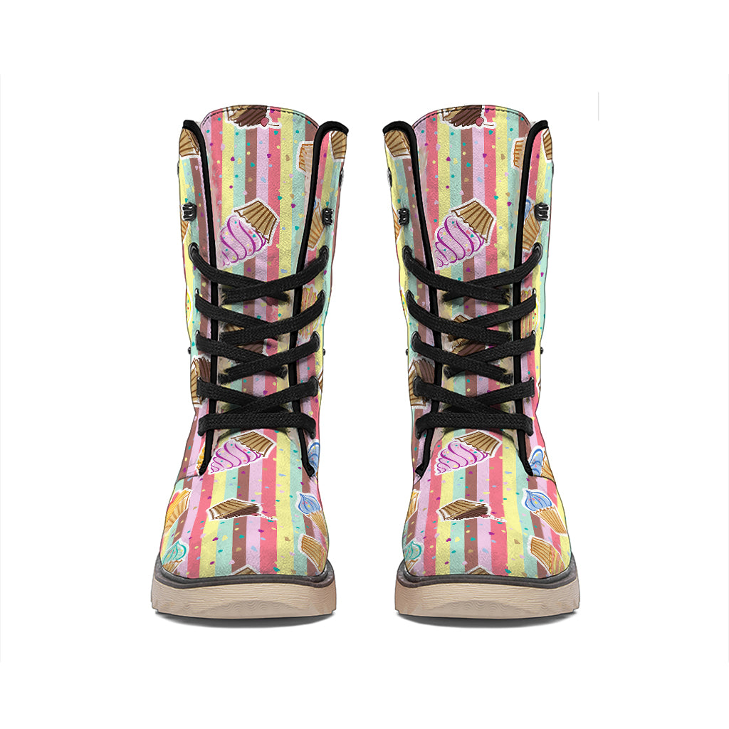Pastel Striped Cupcake Pattern Print Winter Boots