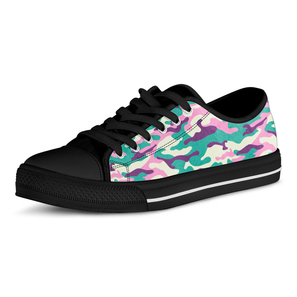 Pastel Teal And Purple Camouflage Print Black Low Top Sneakers