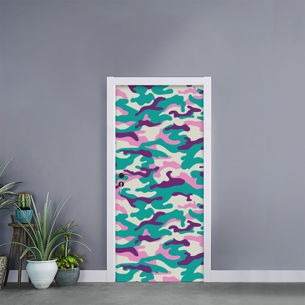 Pastel Teal And Purple Camouflage Print Door Sticker