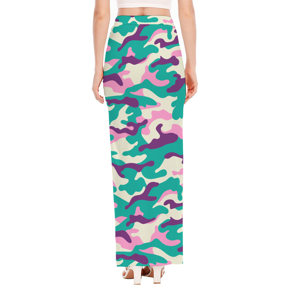 Pastel Teal And Purple Camouflage Print High Slit Maxi Skirt