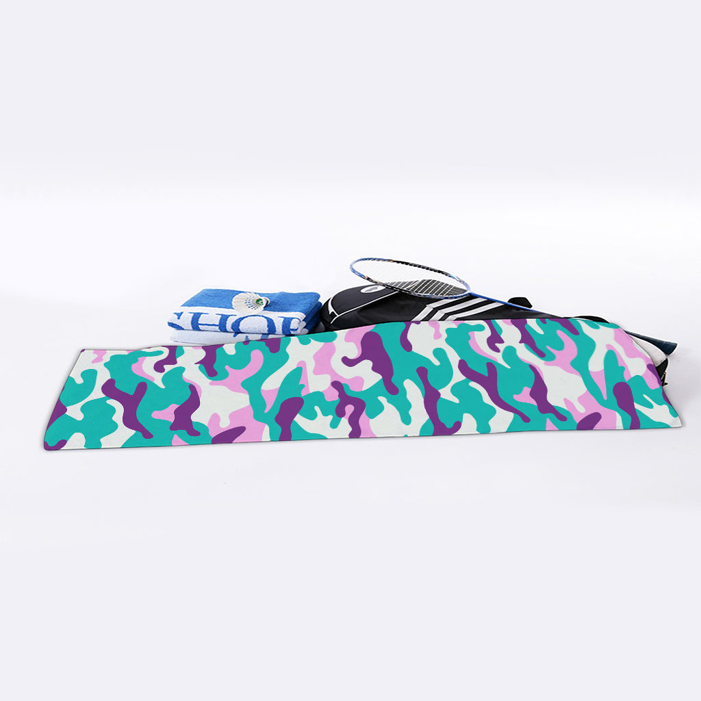 Pastel Teal And Purple Camouflage Print Sports Towel
