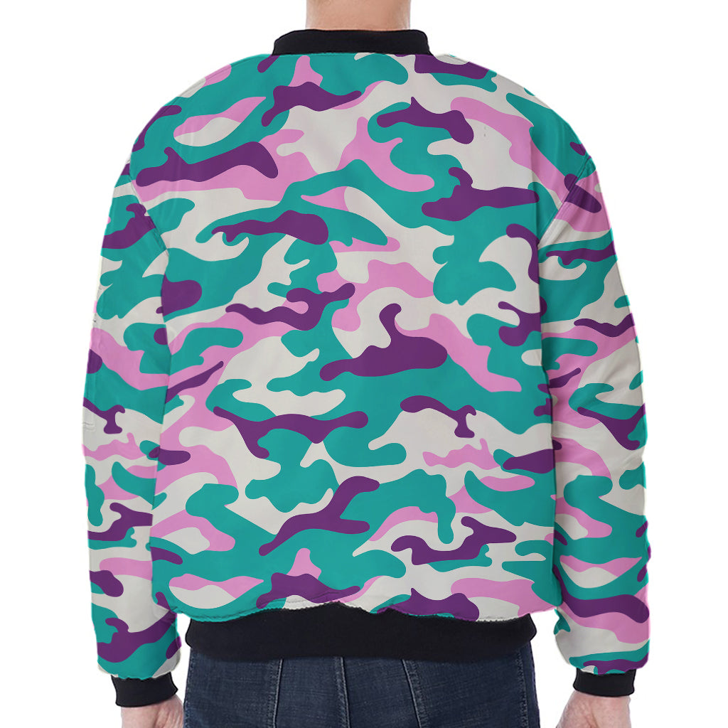 Pastel Teal And Purple Camouflage Print Zip Sleeve Bomber Jacket