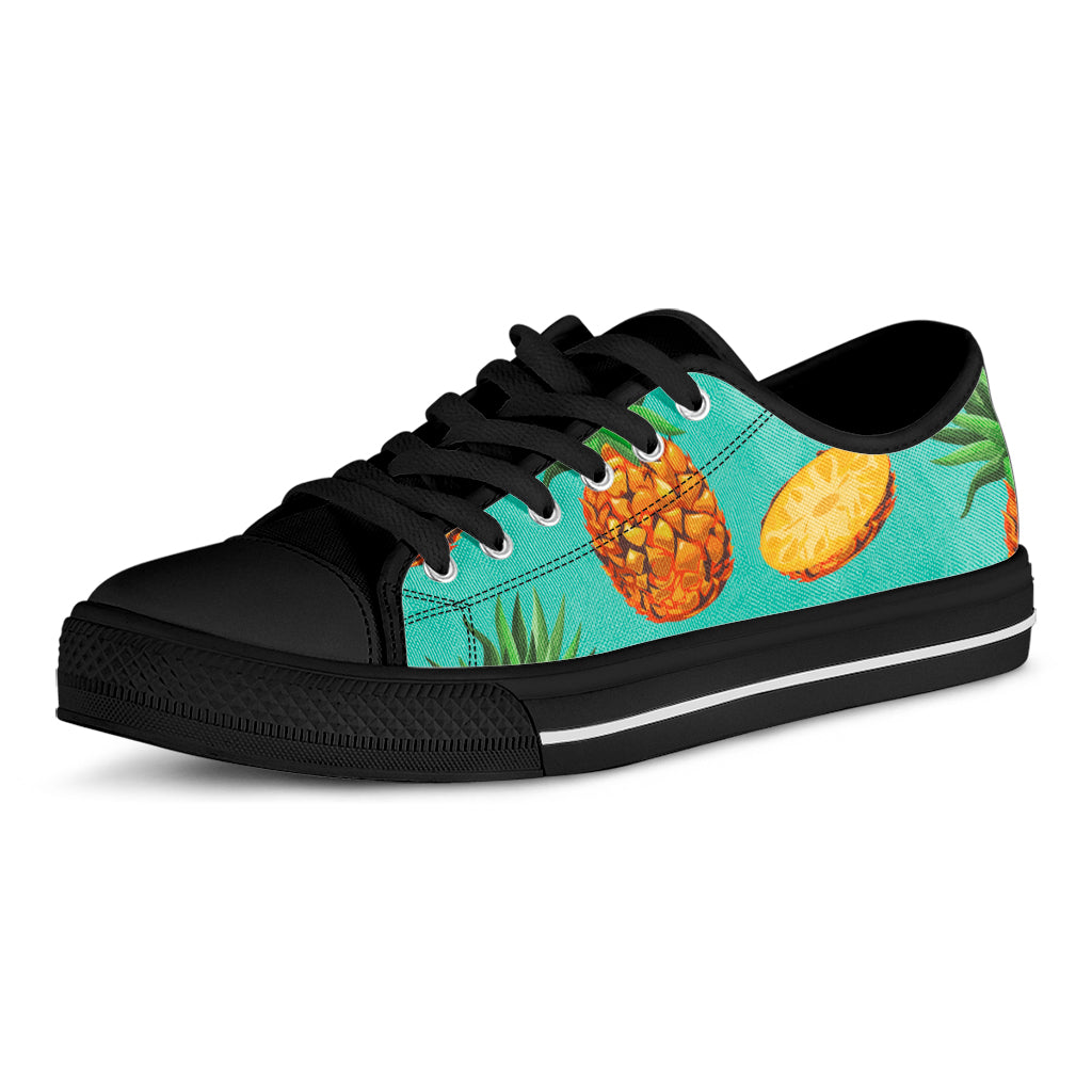 Pastel Turquoise Pineapple Pattern Print Black Low Top Sneakers