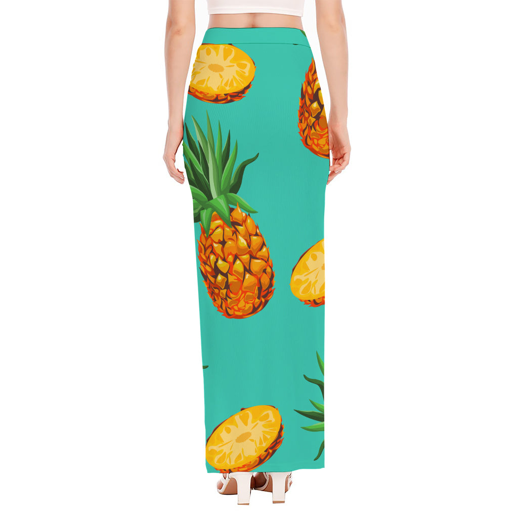 Pastel Turquoise Pineapple Pattern Print High Slit Maxi Skirt