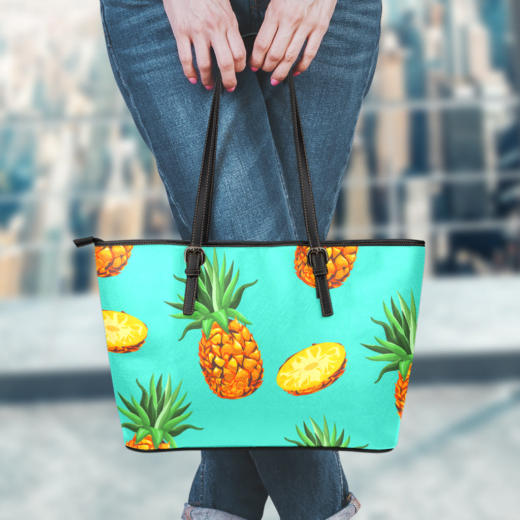 Pastel Turquoise Pineapple Pattern Print Leather Tote Bag