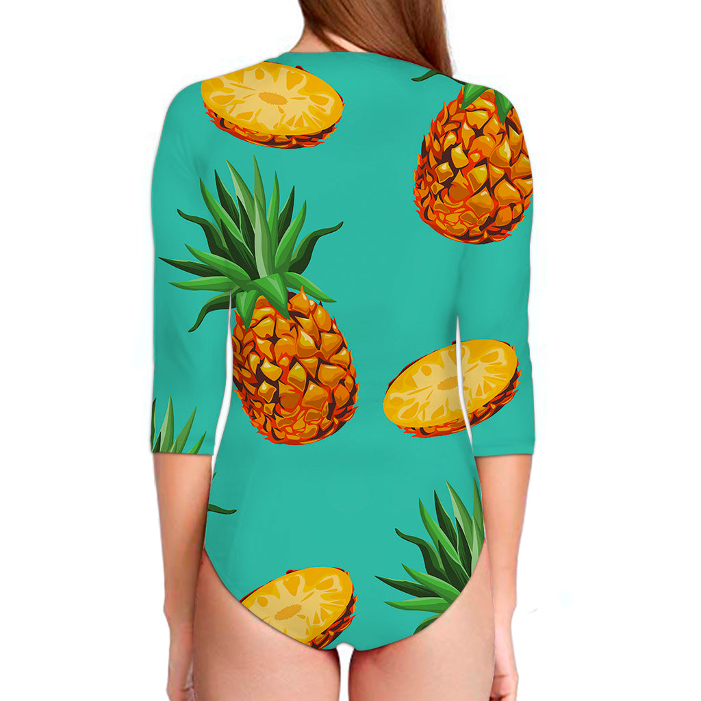 Pastel Turquoise Pineapple Pattern Print Long Sleeve Swimsuit