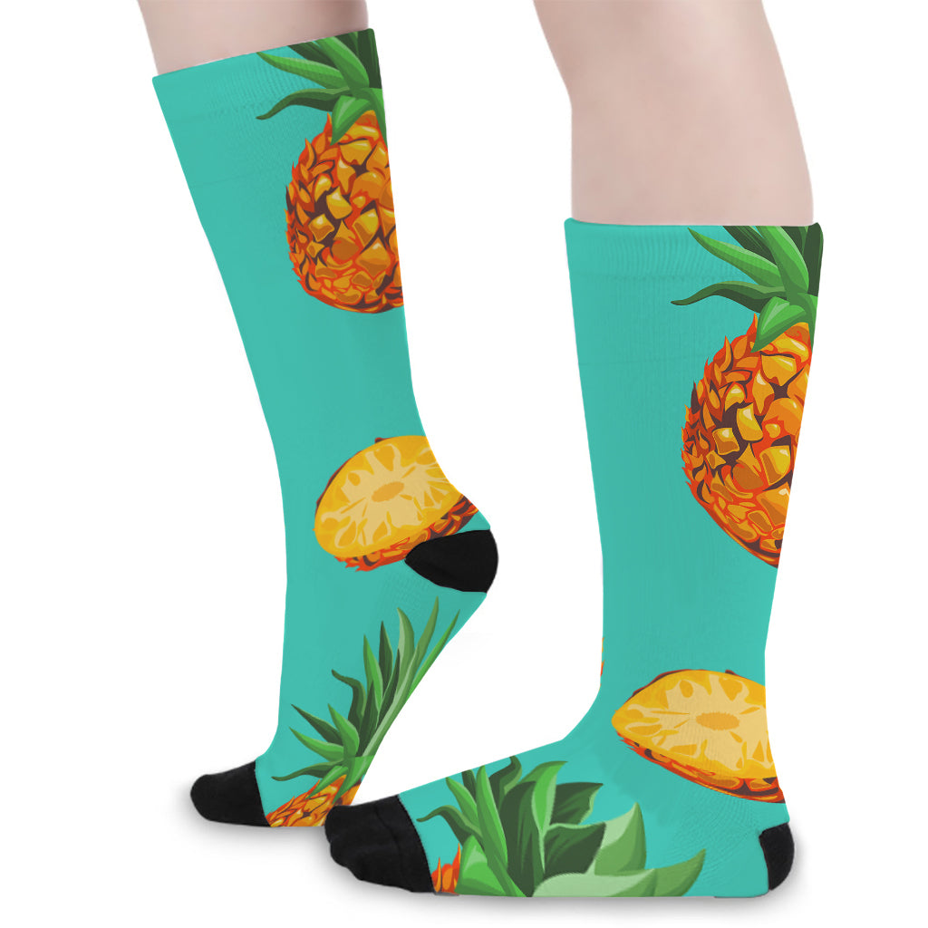 Pastel Turquoise Pineapple Pattern Print Long Socks