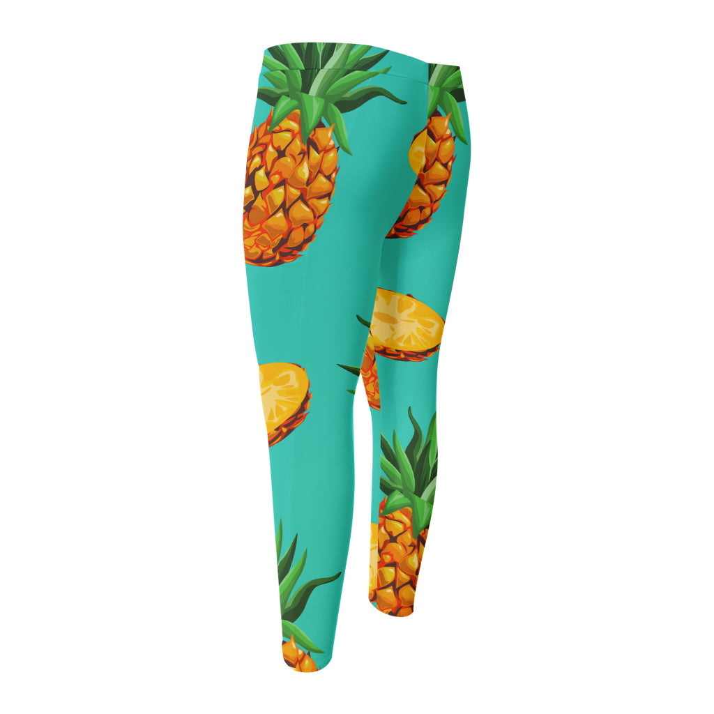 Pastel Turquoise Pineapple Pattern Print Men's Compression Pants
