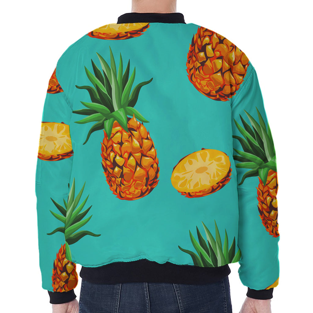 Pastel Turquoise Pineapple Pattern Print Zip Sleeve Bomber Jacket