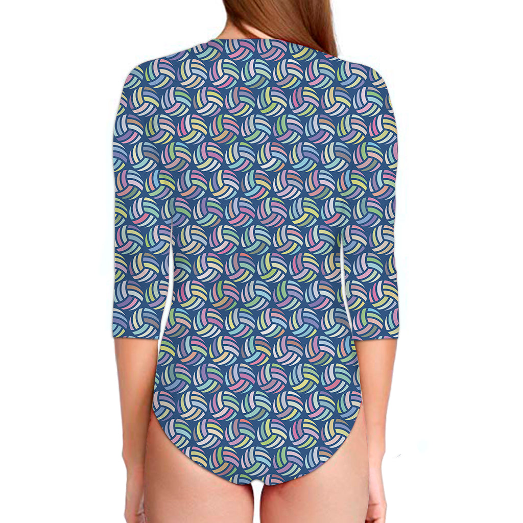Pastel Volleyball Pattern Print Long Sleeve Swimsuit