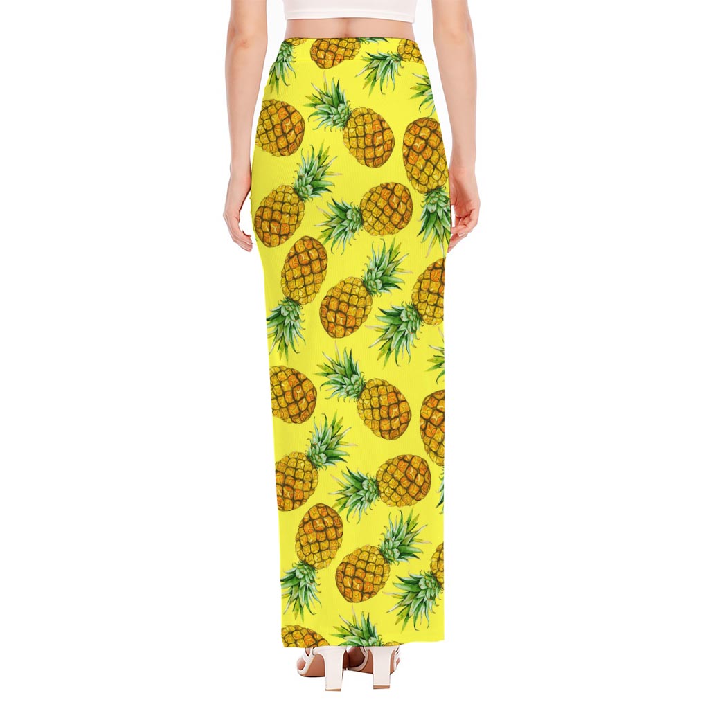 Pastel Yellow Pineapple Pattern Print High Slit Maxi Skirt